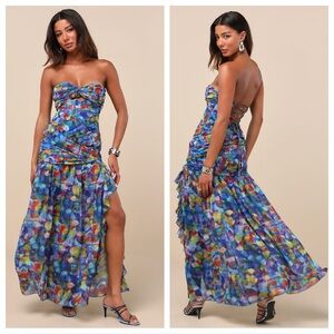 Lulus Jeniah Blue Multi Abstract Print Drop Waist Maxi Dress